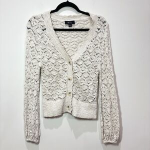 BCX Open Knit Crochet Cardigan Ivory Juniors L Cottagecore Granny Beach Coastal